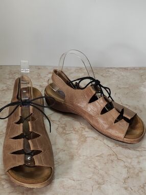 Wolky Tan Leather Lace-Up Casual Sandals